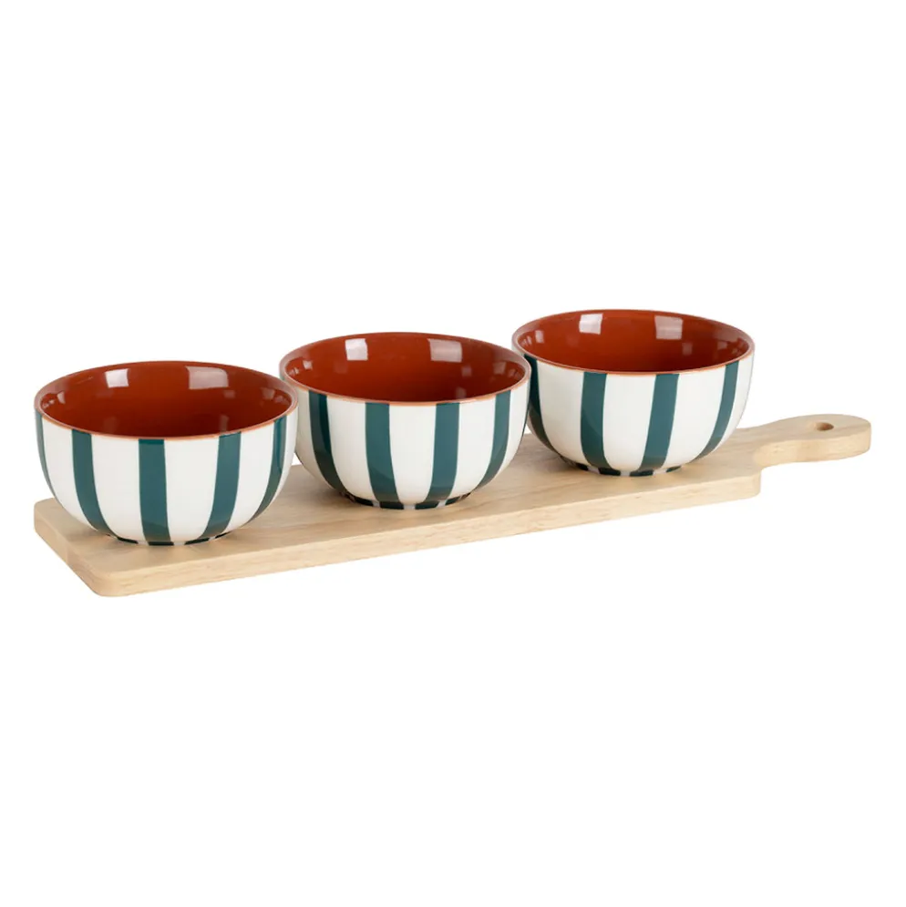 Coupelles x3 en grès rayées émeraude et blanc avec planche d11cm - Alaria