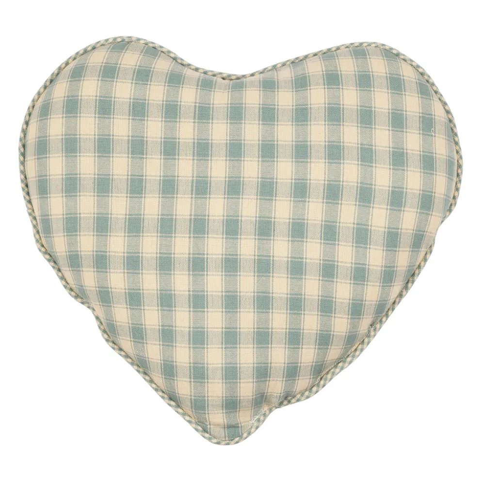 Coussin cœur en coton vichy sauge 40x35cm - Campagne
