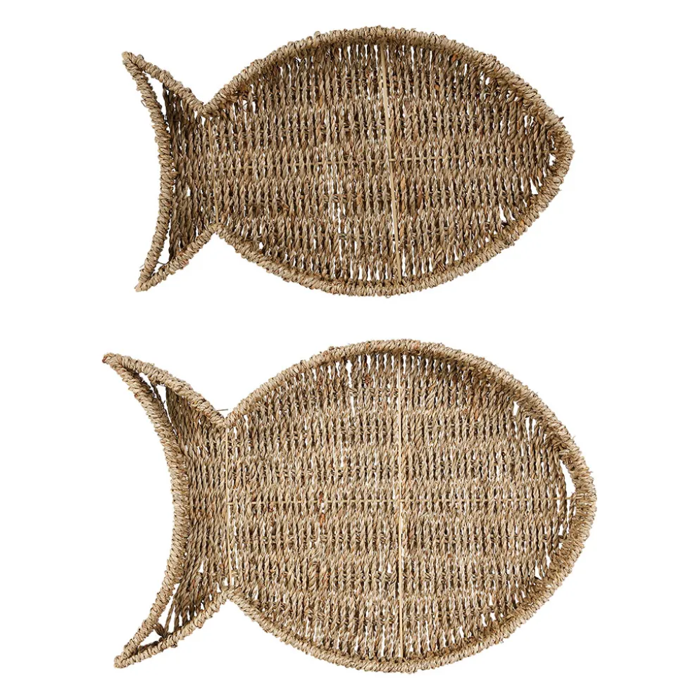 Lot de 2 plateaux poisson en jonc de mer et fer - borneo