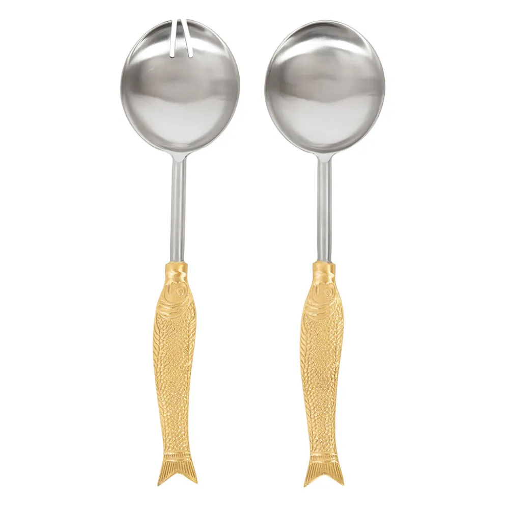 Set de 2 couverts de salade en inox et laiton doré - Poisson