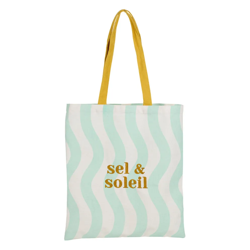 Tote bag en coton vert d'eau et moutarde - Plouf&Sun